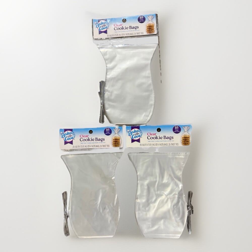 75 Clear Treat Cookie Bags w/ Twist Ties Baked With Love Party Favor Bags 3 Pack